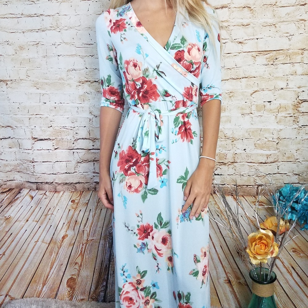 Light Blue Floral Maxi Wrap Dress